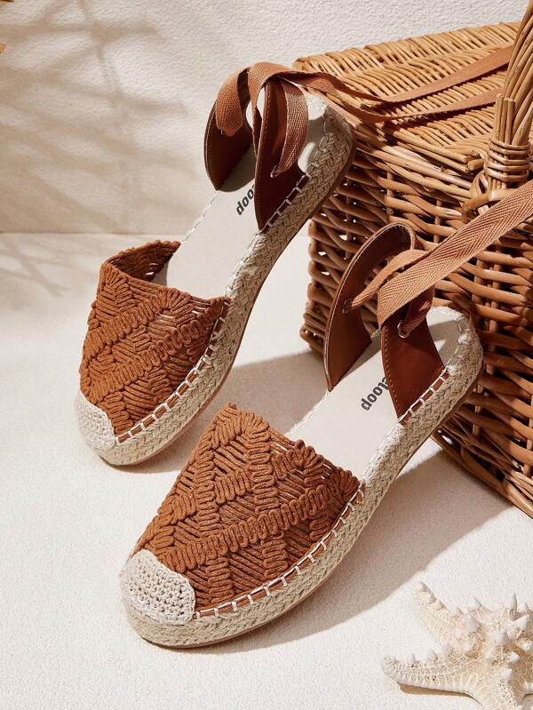 Styleloop Brown Macrame Knitted Toe Round Jute Rope Women's Flat Sandals, Casual For Vacation, Beach Dress, Outdoor, Party, Date, Holiday
