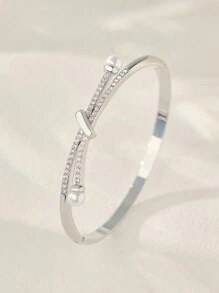 1pc Glamorous Zinc Alloy Rhinestone & Faux Pearl Decor Bangle For Women For Gift Winter Gifts - Silver - View 2