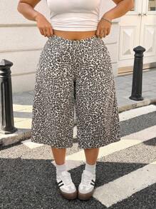 SHEIN EZwear 大码时尚豹纹阔腿牛仔裤 - 淺灰色 - 查看 1