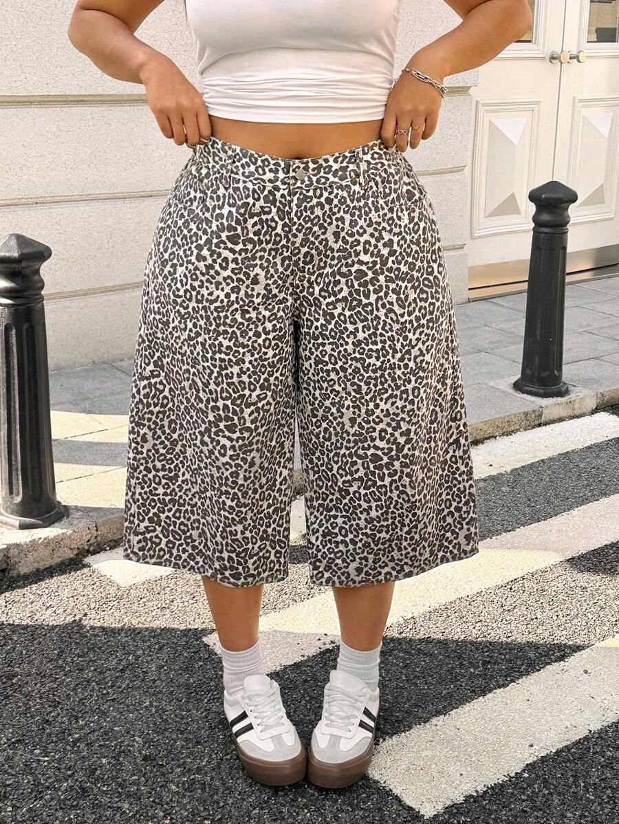 SHEIN EZwear 大码时尚豹纹阔腿牛仔裤 - 淺灰色 - 查看 1