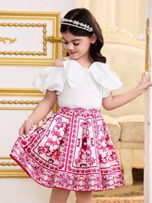 SHEIN 2 Pieces Set: Young Girls Woven Solid Cropped Casual Top And Woven A-Line Skirt,Kids - White - View 1