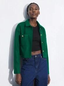 BizChic 2025 Summer New Arrival Olive Green Metal Button Decor Short Jacket For Women, Business Casual For Daily Commute, Elegant For Beach Resort, Suitable For Wedding Guests, Countryside Music Festival, Brunch, Airport, Scandinavian Style, American Independence Day - Green - View 4