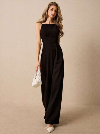 Poéselle 女士纯色可调节肩带腰部连体裤，简约时尚休闲日常穿着，优雅无袖黑色连体裤，经典黑色连体裤，老钱美学