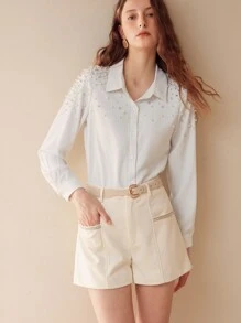 MOTF PREMIUM FAUX PEARL BEADED BUTTON UP SHIRT - White - View 3