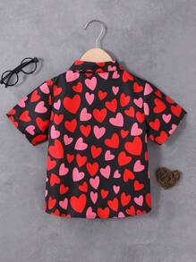 SHEIN Explorewe 男孩情人节休闲全心印花纽扣衬衫，时尚舒适 - 紅色 - 查看 2