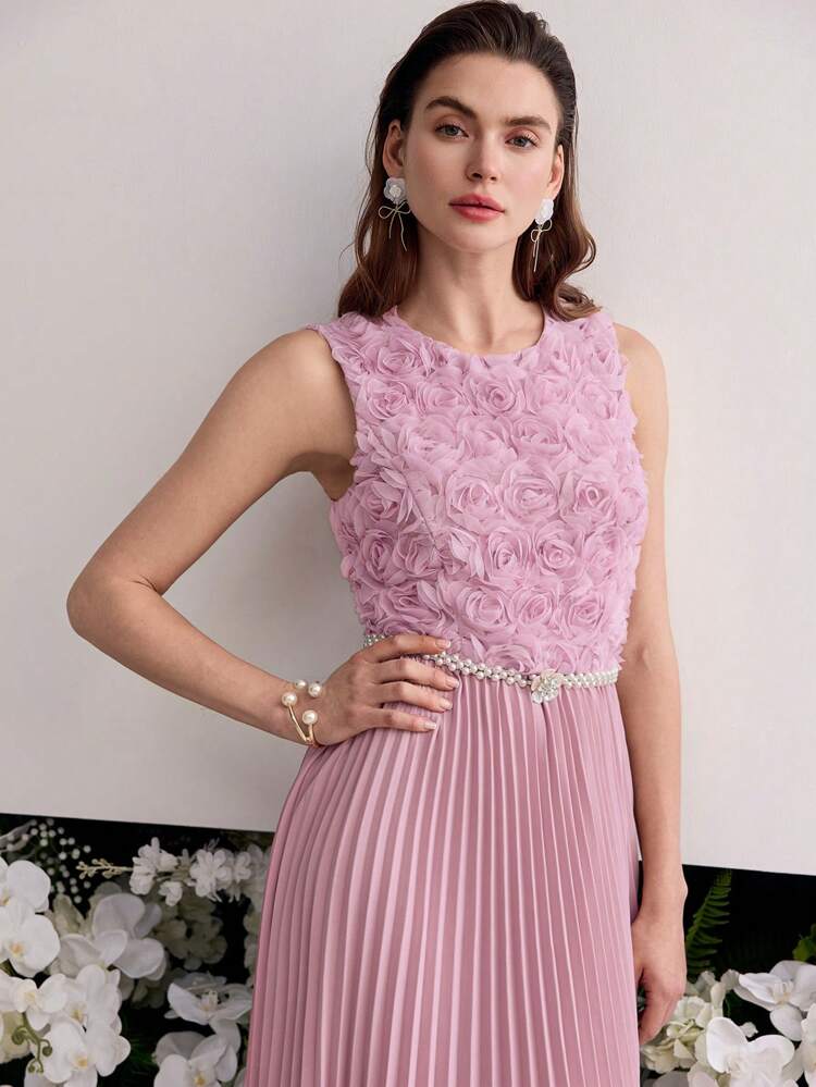MESH FLORAL CONTRAST PLEATED DRESS