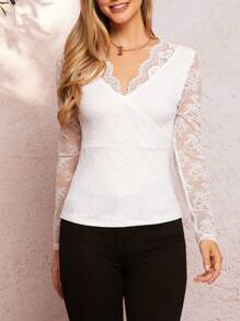 SHEIN Clasi Women's Elegant Floral Lace Sexy Knitted Ruffle Collar V-Neck Slim Fit Long Sleeve Regular Sweater Top