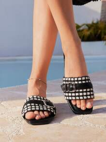 Styleloop New Plus Size Luxury Non-Slip Square Toe Pearl Decor Sandals, Fashion Versatile Women Beach And Holiday Slippers - Black - View 11