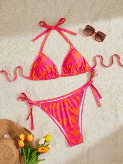 Swim Vcay Plus Size Women Lace-Up Casual Holiday Bikini Set Swimwear Set, For Summer Beach Vacation