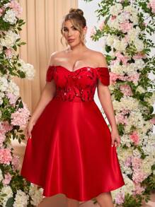 SHEIN Belle Vestido de Baile Longo Elegante de Luxo Vermelho com Lantejoulas, Recortes em Cetim, Manga Longa, Cintura Baixa, Tule Transparente, Modelo Evasê, Vestido Convidado de Casamento, Vestido para Dia dos Namorados, Vestido de Festa, Vestido de Formatura - Vinho - Visão 5