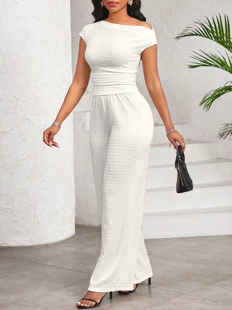 SHEIN Lady White Stretch Texture Asymmetric Collar Top And Wide-Leg Pants With Elastic Waistband Pants Women's Two Pieces Set Casual Everyday, Elegant For All Seasons - White - View 3