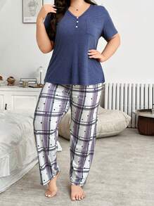 V 领格子印花女士休闲柔软舒适睡衣套装、家居服 - 彩色 - 查看 5