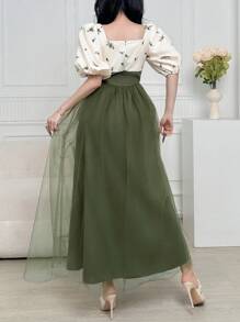Feyla Women's Elegant Color Block Floral Print Mesh Splice Long Dress - Green - View 3