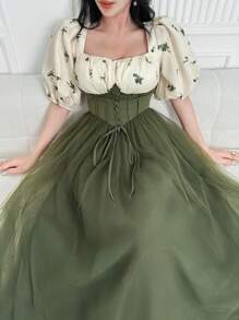 Feyla Women's Elegant Color Block Floral Print Mesh Splice Long Dress - Green - View 6