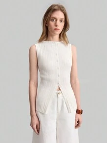 Ontre High Quality Women Knitted Vest Top, Ribbed Texture, Sleeveless Boat Neck Design, Shell Buttons, Casual Urban Style Spring Apparel - Apricot - View 5