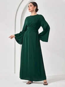 Veilorie Đầm thường ngày dài tay cổ tròn màu trơn cho nữ - màu xanh lá - Xem 3