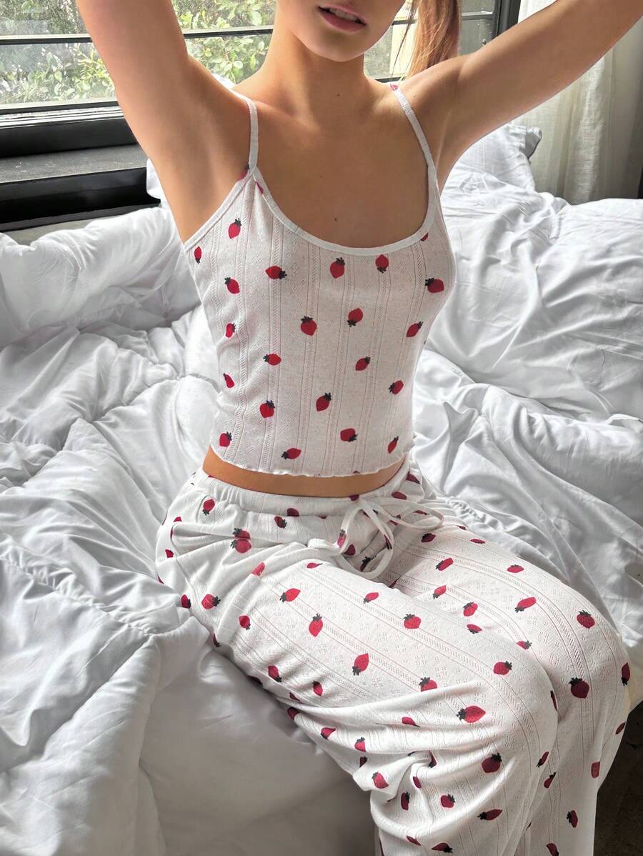 SHEIN EZwear Conjunto de 2 peças de camisola com estampa de morango e calça feminina, casual de verão