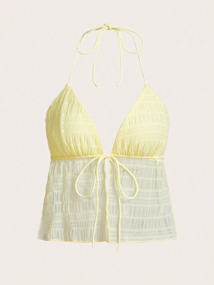 SHEIN ICON Split Hem Tie Backless Mesh Halter Y2k Top - Mustard Yellow - View 1
