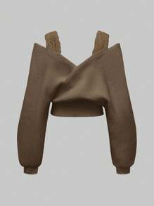 ROMWE 法式休闲性感蕾丝吊带背心深 V 露肩套头毛衣 - 棕色 - 查看 2