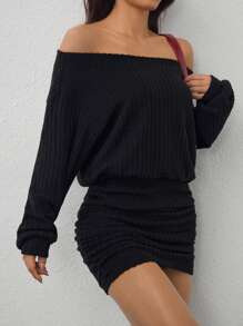 SHEIN Tall Women's Solid Color Asymmetric Neck Ruffle Midi Dress - Black - View 6