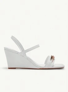 CUCCOO CHICEST Women White Wedge Heel Sandals With Asymmetrical Gold Buckle Decor And Open Toe