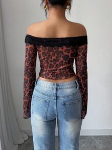 Elenzga 女式豹纹印花透明性感度假露肩蕾丝花边半透明喇叭袖长袖 T 恤 - 棕色 - 查看 2