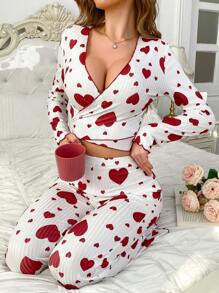 浪漫心形印花交叉 V 领长袖女士睡衣套装 - 彩色 - 查看 6