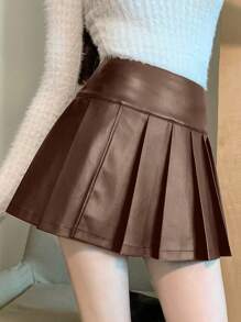 DAZY 女士时尚纯色高腰褶皱PU裙秋季半身裙 - 咖啡棕 - 查看 1