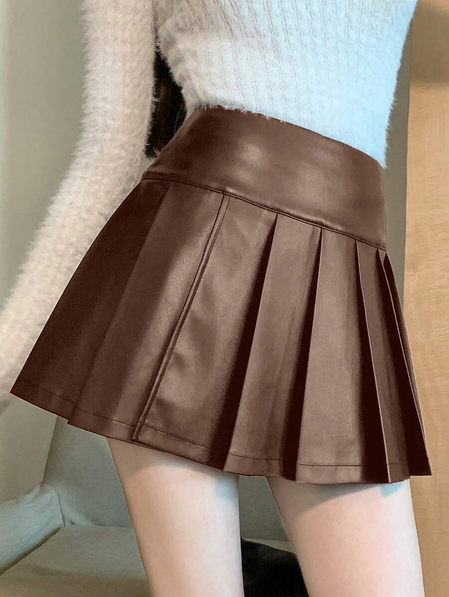 DAZY 女士时尚纯色高腰褶皱PU裙秋季半身裙 - 咖啡棕 - 查看 1