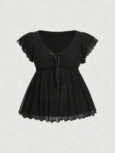 SHEIN MOD Plus Size Solid Color Net Ruffle Trim Bowknot Blouse Women Summer Clothes Women Clothing Tops Women Plus Clothing Tops Plus Size Tops Black Work Blouses For Women