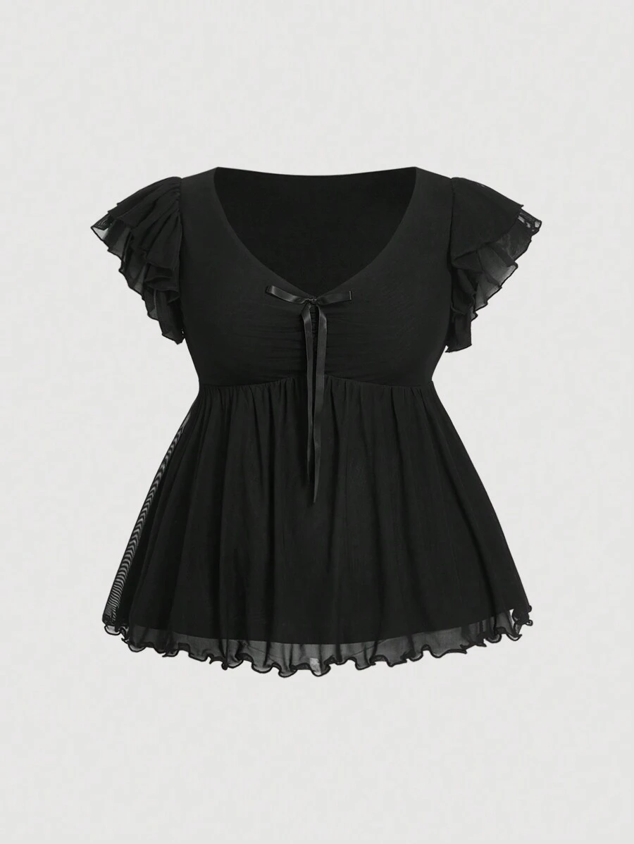 SHEIN MOD Áo cánh nơ xếp nếp lưới trơn màu cỡ lớn cho nữ Quần áo mùa hè cho nữ Áo quần áo cho nữ Áo cỡ lớn Áo cánh công sở màu đen cho nữ - màu đen - Xem 1