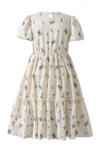 Elegant Vintage Floral Print Pleated Dress With Bowknot For Tween Girls, Loose Fit, Round Neck, Short Sleeve, Mid-Length - Apricot - View 2
