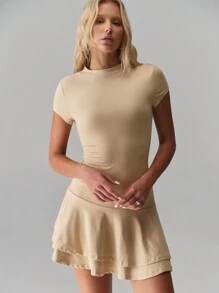 SHEIN Unity Solid Color Low Waist Asymmetric Hem Dress - Apricot - View 6
