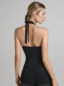 SHEIN EZwear Black Woven Halter Neck Women's Sexy Hollow Out Pleated Camisole - Black - View 4