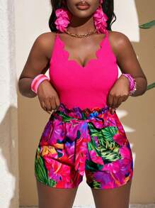 Slaydiva Neuer Frühlings- und Sommerfeizeit-Urlaubs-Hosenträger mit welligem Kragenrand, gestutzte rosarote Strickweste + gerüschter Taillenbund mit Schleifenverzierung, figurbetonte rundum bunte Pflanzen-bedruckte Shorts für Damen, Zweiteiler