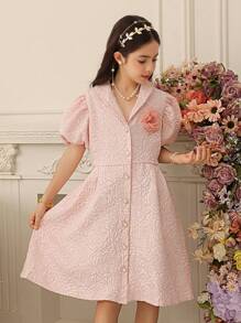 SHEIN Tween Girl And Toddler Girl Casual Stylish Ruffle Wave Hem Houndstooth Print Splice Contrast Color Dress, Suitable For Summer Wear, Can Be Worn As Inner Or Outer Layer, Comfortable Soft Fabric For Casual Occasions, Parties, Holidays, School Etc. - Pink - View 5