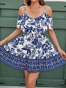 SHEIN Clasi Women's Elegant Open Shoulder Ruffle Hem Blue And White Floral Print A-Line Mini Dress, Vacation/Dating Outfit  Vacation Dress Dresses For Women Summer,Sun Dress
