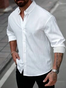 Manfinity Homme Plus Size Men's Solid Color Long Sleeve Single-Breasted Casual Shirt, For Fall - White - View 3