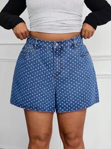 SHEIN EZwear Plus Size Women's Heart Pattern Pocket Loose Shorts - Medium Wash - View 1