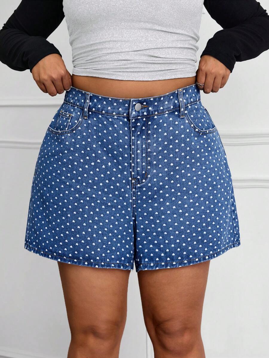SHEIN EZwear Plus Size Women's Heart Pattern Pocket Loose Shorts - Medium Wash - View 1
