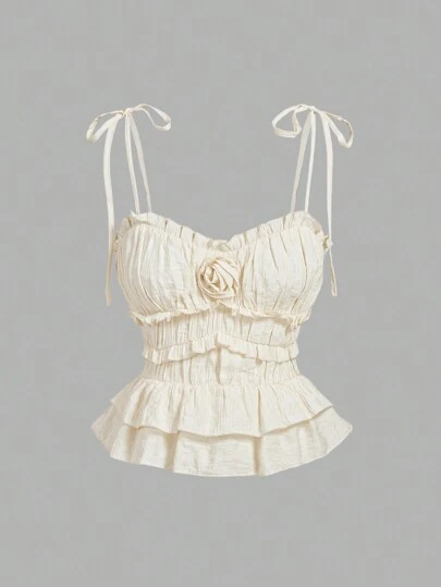 SHEIN MOD Apricot Romantic Cute Pastoral Style Camisole Top With Ruffle Trim, 3D Floral, Bow Decor, Suitable For Holiday, Picnic, Date,Valentines,Beach For Woman,Rave Festival,Country Concert