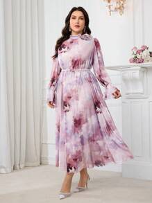 Modelyn 大码优雅扎染花卉印花连衣裙 - 淡紫色 - 查看 6