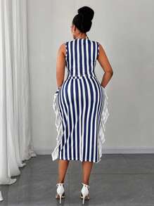 Maweii 大码夏季优雅休闲无袖条纹印花背心和紧身裙 2 件套