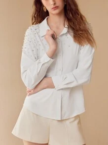 MOTF PREMIUM FAUX PEARL BEADED BUTTON UP SHIRT - White - View 7