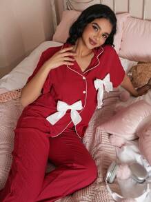 Conjunto de pijama con camisa y pantalones de bloqueo de color con adorno de lazo