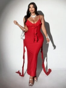 Viva Relle Vestido de tirantes con escote en V y volantes para mujer talla grande, romántico para citas de San Valentín, fiestas y días festivos