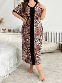 Fashionable Leopard Pattern Color Block V-Neck Casual Lounge Dress, Homewear