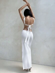Aloruh Women's Vacation Sexy Bowknot Backless High Slit Dress, With Metal Ring Decor, White