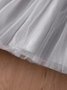 Girls' Fashion Stand Collar Short Sleeve Elastic Waist A-Line Mesh Puffy Dress, Spring/Summer - Grey - View 5