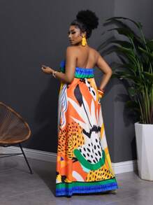 Slaydiva Plus Size Women's Casual, Holiday, Elegant Strapless Front Slit Loose Long Top And Long Pants 2 Pieces Set, Holiday Floral Print,Holiday Outfits Boho - Multicolor - View 2